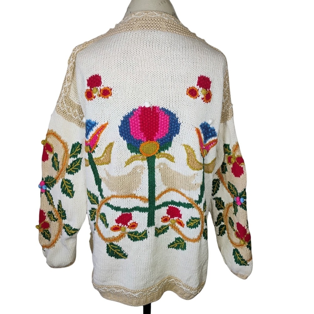 Vtg Venezia Hand Knit Cardigan Sweater Womens 2X Floral Bird Boho Cottage Shabby